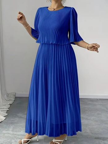 Ευρωπαϊκή και αμερικανική φούστα σε γραμμή Α από σιφόν Amazon με πτυχωτές λεπτομέρειες, ημιδιαφανές, στρογγυλό ντεκολτέ, μακριά μανίκια, ανοιχτόχρωμο κοστούμι σε καθαρό χρώμα