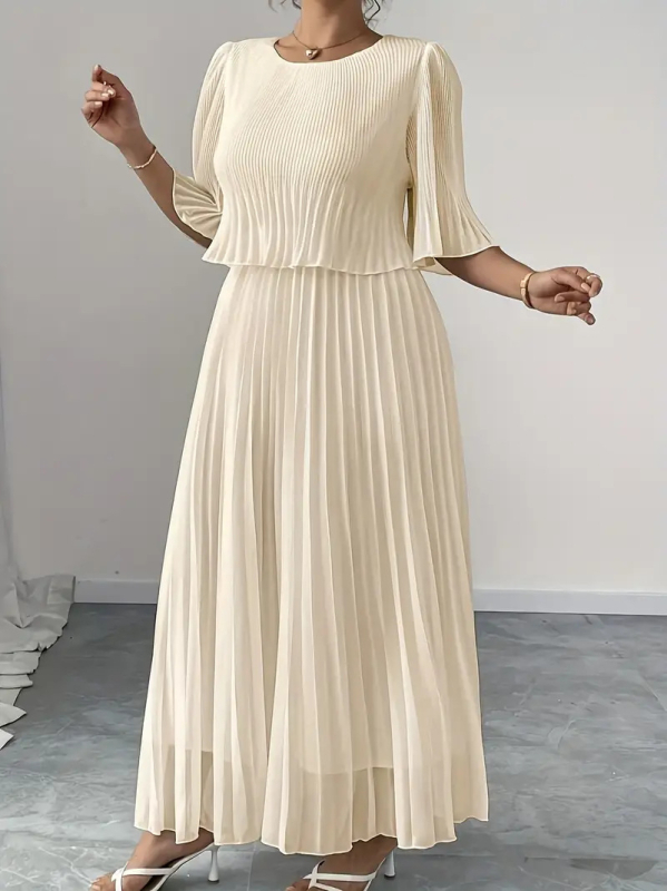 Europska i američka Amazon prekogranična šifonska suknja A-kroja s plisiranim detaljima, prozirno okruglo izrezivanje s dugim rukavima, svijetlo čisto odijelo