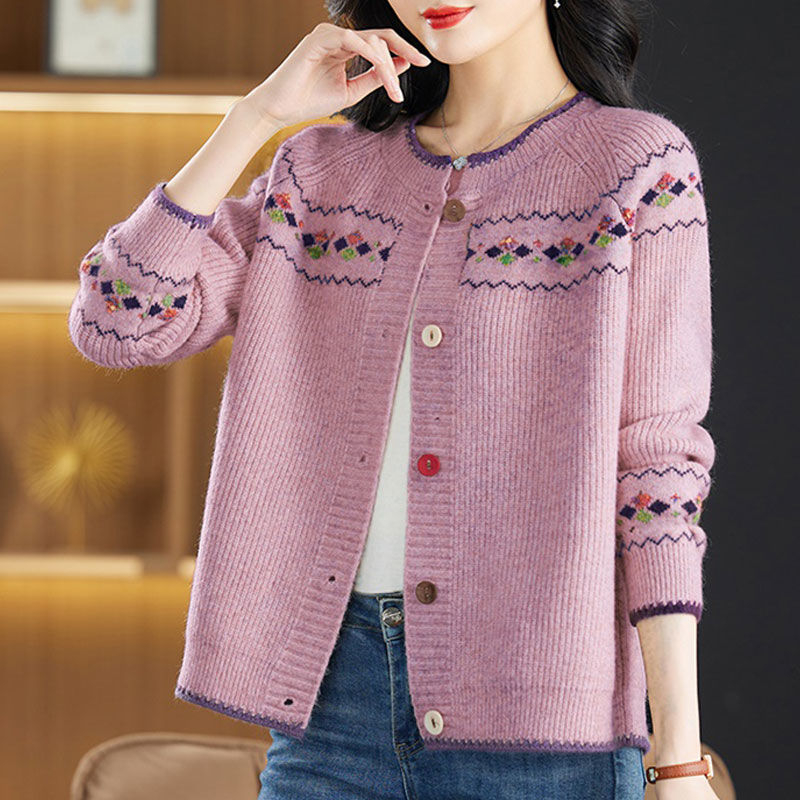 Tavasz Ősz Tél Új Pulóver Kabát Rövid Kötött Pulóver Anya Virágmintás Fonal Kötött Női Kardigán Laza Öregedésgátló Felsőruházat