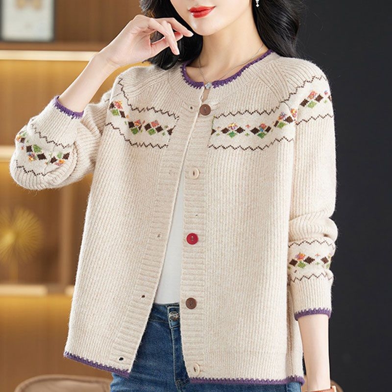 Tavasz Ősz Tél Új Pulóver Kabát Rövid Kötött Pulóver Anya Virágmintás Fonal Kötött Női Kardigán Laza Öregedésgátló Felsőruházat