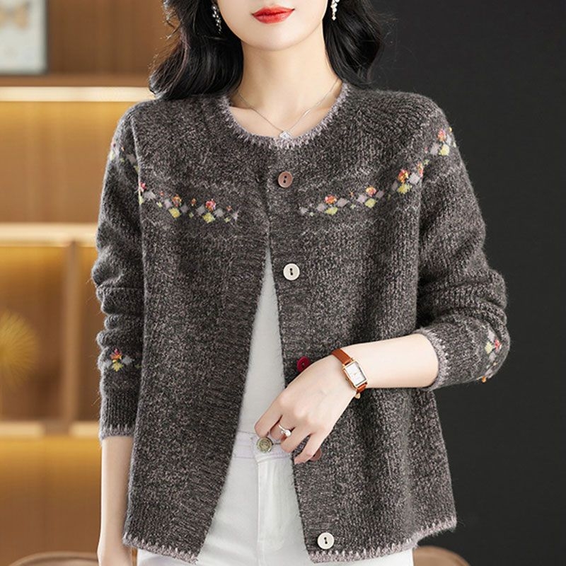 Tavasz Ősz Tél Új Pulóver Kabát Rövid Kötött Pulóver Anya Virágmintás Fonal Kötött Női Kardigán Laza Öregedésgátló Felsőruházat