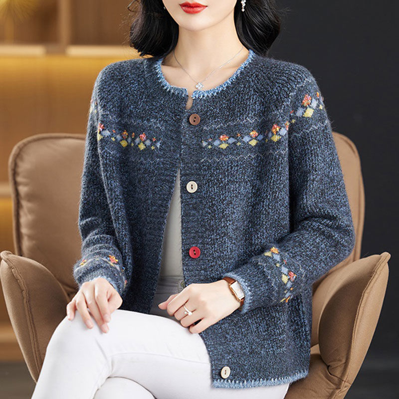 Tavasz Ősz Tél Új Pulóver Kabát Rövid Kötött Pulóver Anya Virágmintás Fonal Kötött Női Kardigán Laza Öregedésgátló Felsőruházat