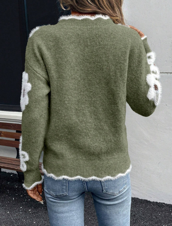 Európai és amerikai határokon átnyúló kötöttáru női népszerű elegáns virágmintás jacquard virágmintás kötöttáru V-nyakú kötöttáru