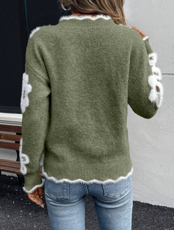 Európai és amerikai határokon átnyúló kötöttáru női népszerű elegáns virágmintás jacquard virágmintás kötöttáru V-nyakú kötöttáru