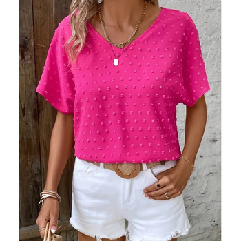 2024 nyári új Amazon wish AliExpress európai és amerikai egyszínű V-nyakú denevér mintás rövid ujjú ing