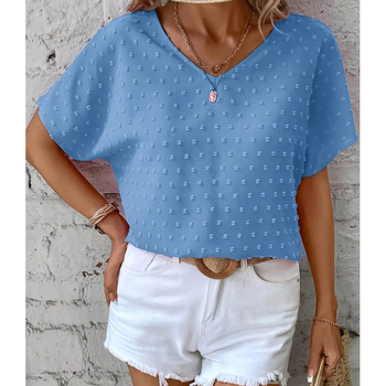 2024 nyári új Amazon wish AliExpress európai és amerikai egyszínű V-nyakú denevér mintás rövid ujjú ing