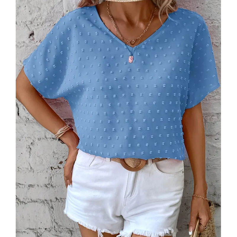 2024 nyári új Amazon wish AliExpress európai és amerikai egyszínű V-nyakú denevér mintás rövid ujjú ing