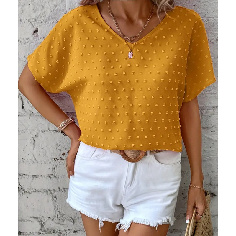 2024 nyári új Amazon wish AliExpress európai és amerikai egyszínű V-nyakú denevér mintás rövid ujjú ing