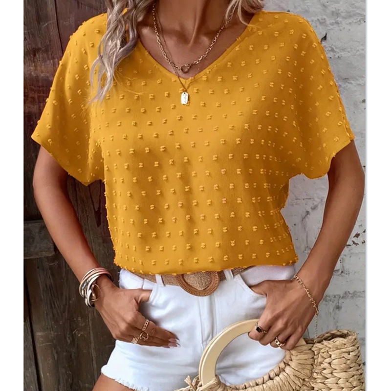 2024 nyári új Amazon wish AliExpress európai és amerikai egyszínű V-nyakú denevér mintás rövid ujjú ing