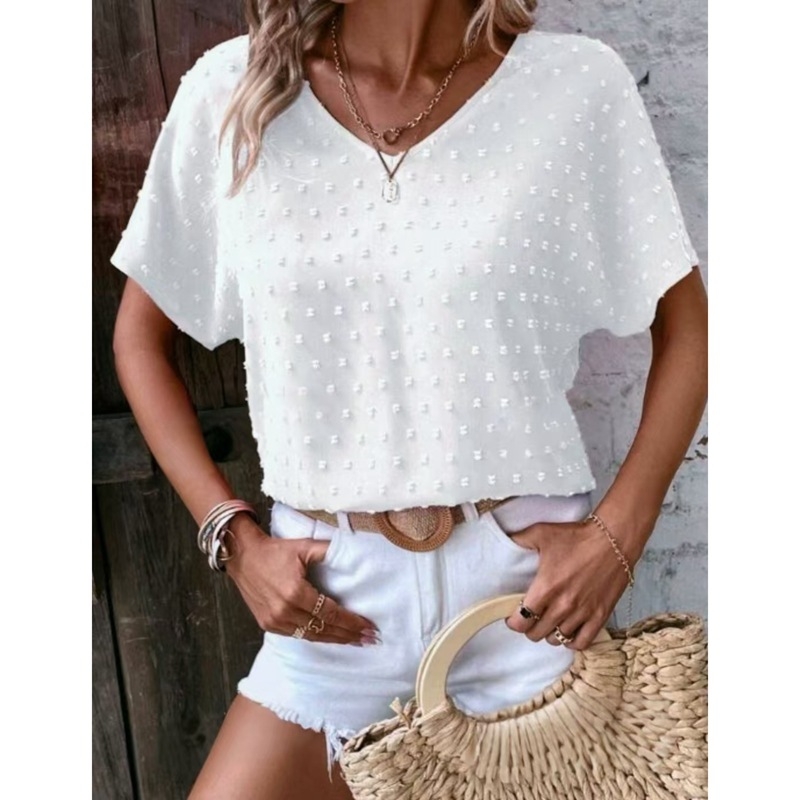 2024 nyári új Amazon wish AliExpress európai és amerikai egyszínű V-nyakú denevér mintás rövid ujjú ing