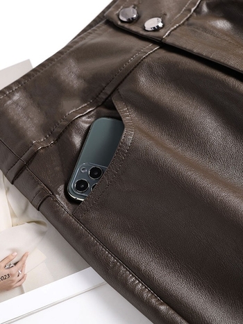 Divatos barna bőrnadrágok, elegáns bő szárú női nadrágok, 2025 új tavaszi és őszi culotte-ok, bő szárú nadrágok anyukáknak, hosszú nadrágok