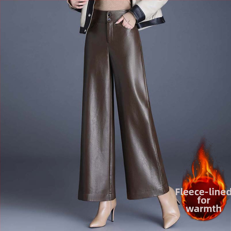 Divatos barna bőrnadrágok, elegáns bő szárú női nadrágok, 2025 új tavaszi és őszi culotte-ok, bő szárú nadrágok anyukáknak, hosszú nadrágok