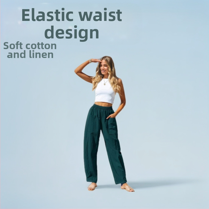 Európai és amerikai export női ruházat Amazon 2024 női pamut és lenvászon alkalmi nadrág ünnepi stílusú rugalmas derékú banánnadrág rakománytáska