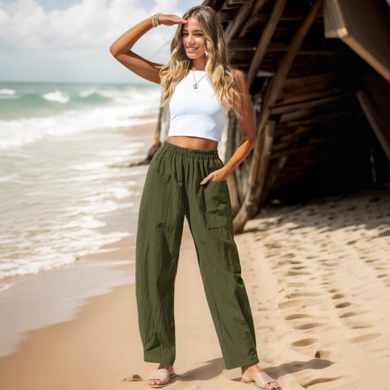 Európai és amerikai export női ruházat Amazon 2024 női pamut és lenvászon alkalmi nadrág ünnepi stílusú rugalmas derékú banánnadrág rakománytáska