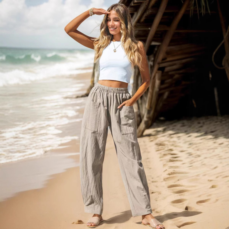 Európai és amerikai export női ruházat Amazon 2024 női pamut és lenvászon alkalmi nadrág ünnepi stílusú rugalmas derékú banánnadrág rakománytáska