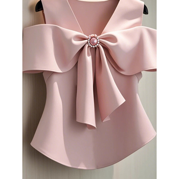 Νέο Καλοκαιρινό Προϊόν, Εξατομικευμένο και Κομψό Φιόγκο, Γλυκό Ροζ Κοντό Μανίκι, Εξειδικευμένο Γαλλικό Πουκάμισο με Κάλυμμα Σώματος