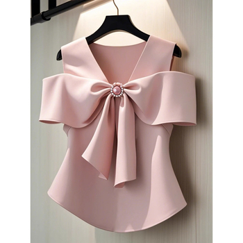 Νέο Καλοκαιρινό Προϊόν, Εξατομικευμένο και Κομψό Φιόγκο, Γλυκό Ροζ Κοντό Μανίκι, Εξειδικευμένο Γαλλικό Πουκάμισο με Κάλυμμα Σώματος