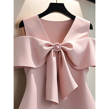 Νέο Καλοκαιρινό Προϊόν, Εξατομικευμένο και Κομψό Φιόγκο, Γλυκό Ροζ Κοντό Μανίκι, Εξειδικευμένο Γαλλικό Πουκάμισο με Κάλυμμα Σώματος