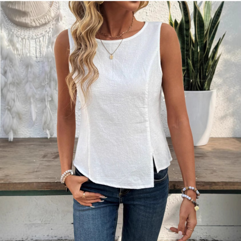 2025-ös európai és amerikai Amazon független platform tavaszi, nyári és őszi női egyszínű, kerek nyakú, ujjatlan felső aszimmetrikus szegéllyel, sokoldalú