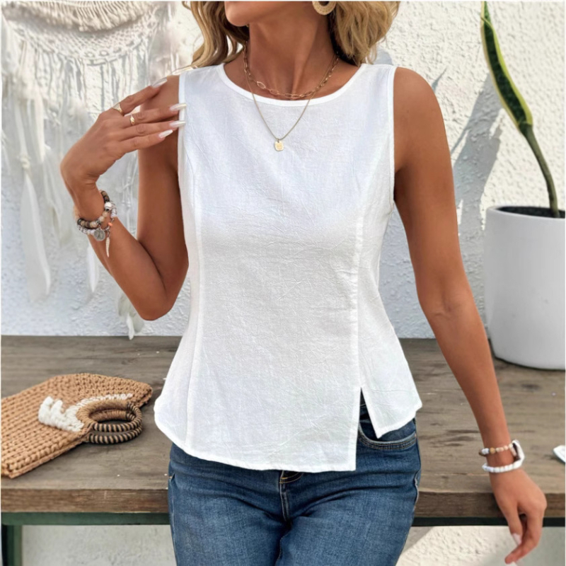 2025-ös európai és amerikai Amazon független platform tavaszi, nyári és őszi női egyszínű, kerek nyakú, ujjatlan felső aszimmetrikus szegéllyel, sokoldalú