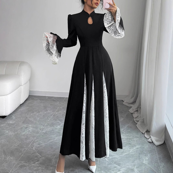 M4069 Φόρεμα με όρθιο γιακά και φερμουάρ από τη Μέση Ανατολή, με δαντέλα και μανίκια καμπάνα, υψηλής ποιότητας και κομψό σχέδιο