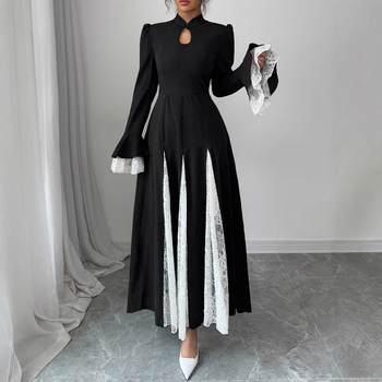 M4069 Φόρεμα με όρθιο γιακά και φερμουάρ από τη Μέση Ανατολή, με δαντέλα και μανίκια καμπάνα, υψηλής ποιότητας και κομψό σχέδιο