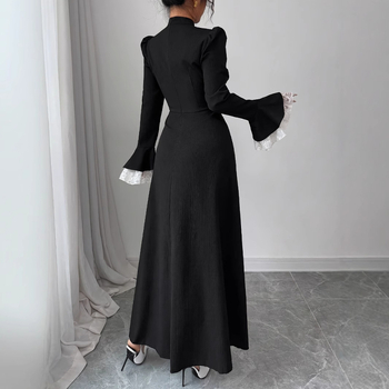 M4069 Φόρεμα με όρθιο γιακά και φερμουάρ από τη Μέση Ανατολή, με δαντέλα και μανίκια καμπάνα, υψηλής ποιότητας και κομψό σχέδιο