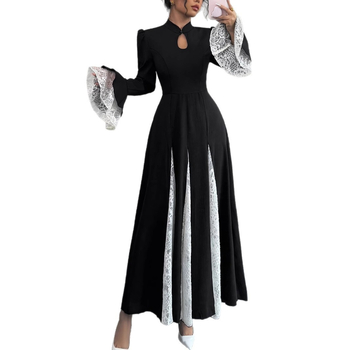 M4069 Φόρεμα με όρθιο γιακά και φερμουάρ από τη Μέση Ανατολή, με δαντέλα και μανίκια καμπάνα, υψηλής ποιότητας και κομψό σχέδιο