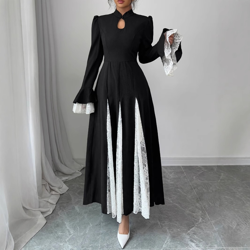 M4069 Közel-keleti állógalléros, cipzáras, elegáns, elegáns, magas szabású, csipkés, harang alakú ujjú ruha