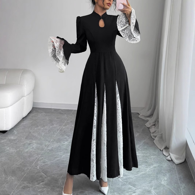 M4069 Közel-keleti állógalléros, cipzáras, elegáns, elegáns, magas szabású, csipkés, harang alakú ujjú ruha