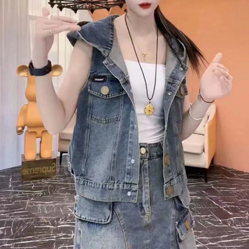 Farmer mellény női 2025 új tavaszi és őszi hát nélküli, bő, kapucnis, ujjatlan mellény, külső viselet, rövid kabát