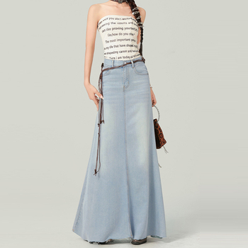 2508 Κορεάτικη Φούστα Τζιν Commuter Ins Γυναικεία Άνοιξη και Φθινόπωρο Νέα Χαλαρή Φούστα Αδυνατίσματος με Ντραπέ Τζιν