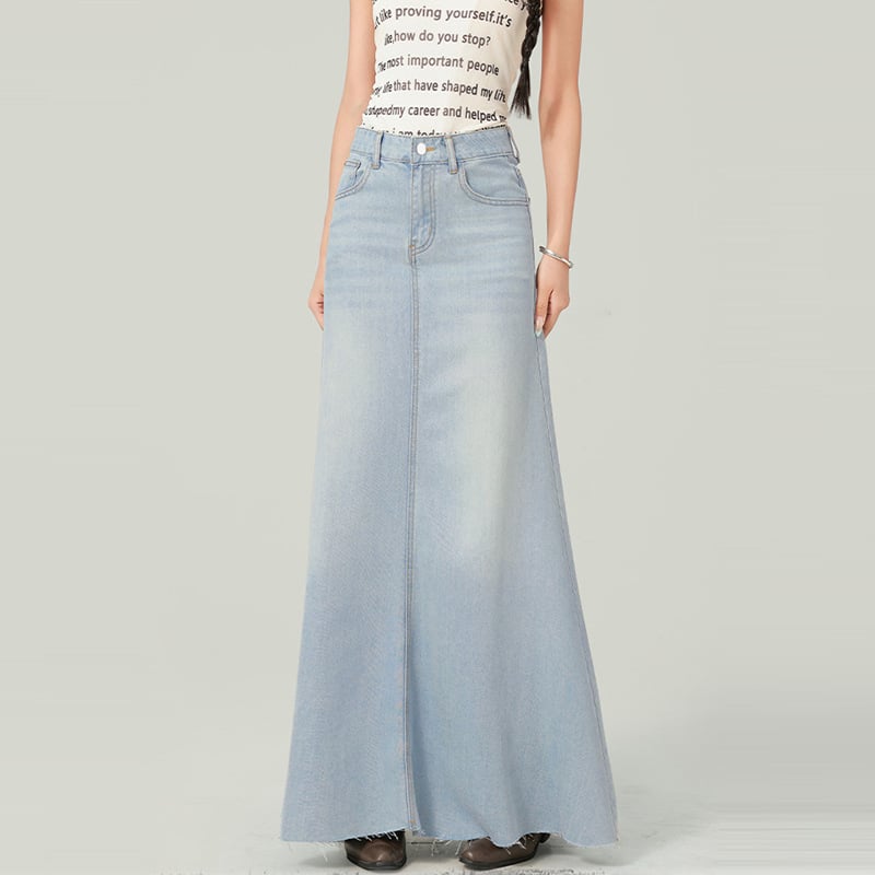 2508 Korėjietiško stiliaus priemiestinis džinsinis sijonas moterims pavasariui ir rudeniui. Naujas laisvas, liekninantis, drapiruotas džinsinis ilgas sijonas.