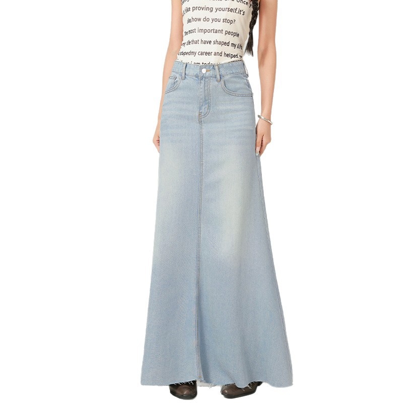 2508 Korėjietiško stiliaus priemiestinis džinsinis sijonas moterims pavasariui ir rudeniui. Naujas laisvas, liekninantis, drapiruotas džinsinis ilgas sijonas.