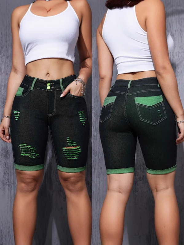 Amazon 2025 határokon átnyúló európai és amerikai stílusú farmerlyukú nadrág, nyári vékony, középderekú, vékony, rugalmas, feszes nadrág nőknek