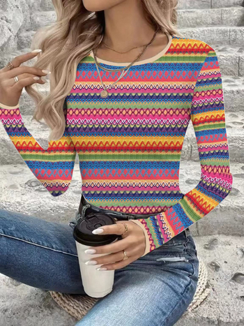 Külkereskedelmi női ruházat Aliexpress Amazon elegáns színes csíkos hosszú ujjú 2025 női alkalmi póló