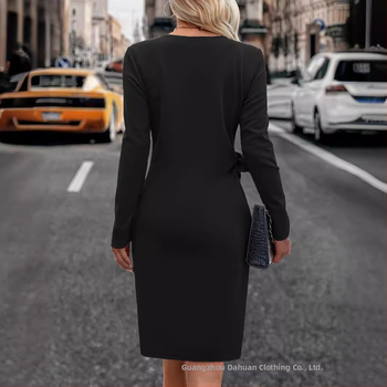 Άνοιξη και Φθινόπωρο διασυνοριακά γυναικεία ρούχα δημοφιλή απαλά κομψά απλά μόδα πλαϊνά κόμπους με μακριά μανίκια στη μέση στενό ισχίο φόρεμα