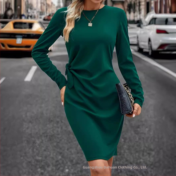 Άνοιξη και Φθινόπωρο διασυνοριακά γυναικεία ρούχα δημοφιλή απαλά κομψά απλά μόδα πλαϊνά κόμπους με μακριά μανίκια στη μέση στενό ισχίο φόρεμα