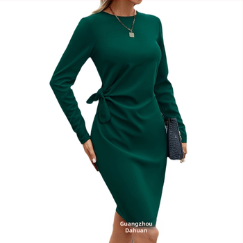 Άνοιξη και Φθινόπωρο διασυνοριακά γυναικεία ρούχα δημοφιλή απαλά κομψά απλά μόδα πλαϊνά κόμπους με μακριά μανίκια στη μέση στενό ισχίο φόρεμα