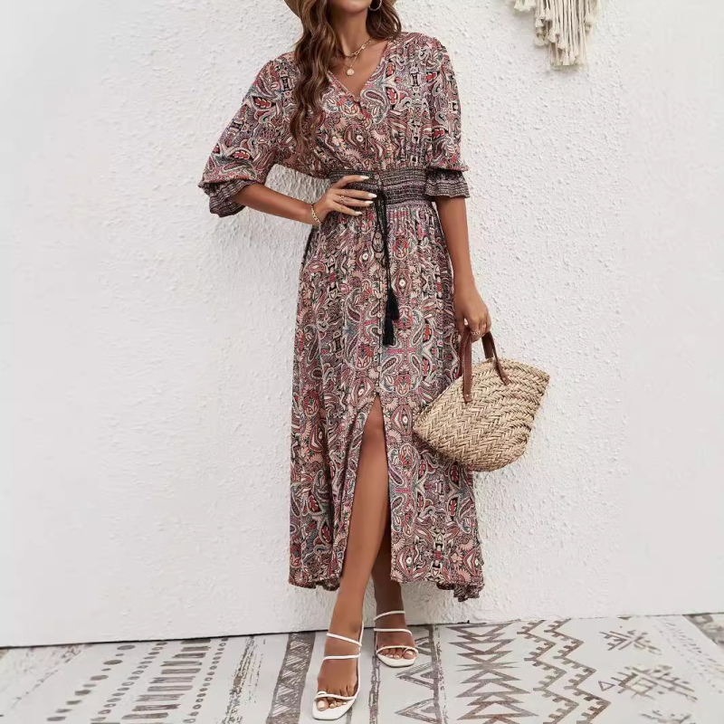 Boemska haljina s sedam rukava i kopčom za plažu, Real Shot Ram Positioning, s printom