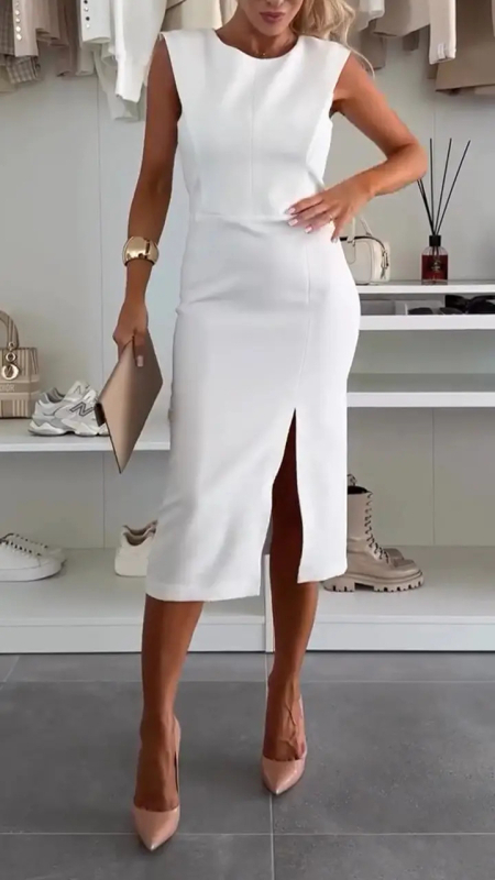 Szín hozzáadása raktáron független állomás 2025 nyári európai és amerikai határokon átnyúló új kerek nyakú elegáns hasított egyszínű karcsúsított női ruha