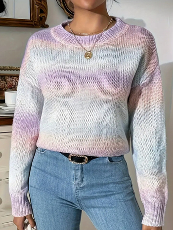 Európai és amerikai határokon átnyúló külkereskedelem női ruházat varrás kontrasztos kötött pulóver divatos pulóver kerek nyakú színátmenetes szivárványos csíkos felső