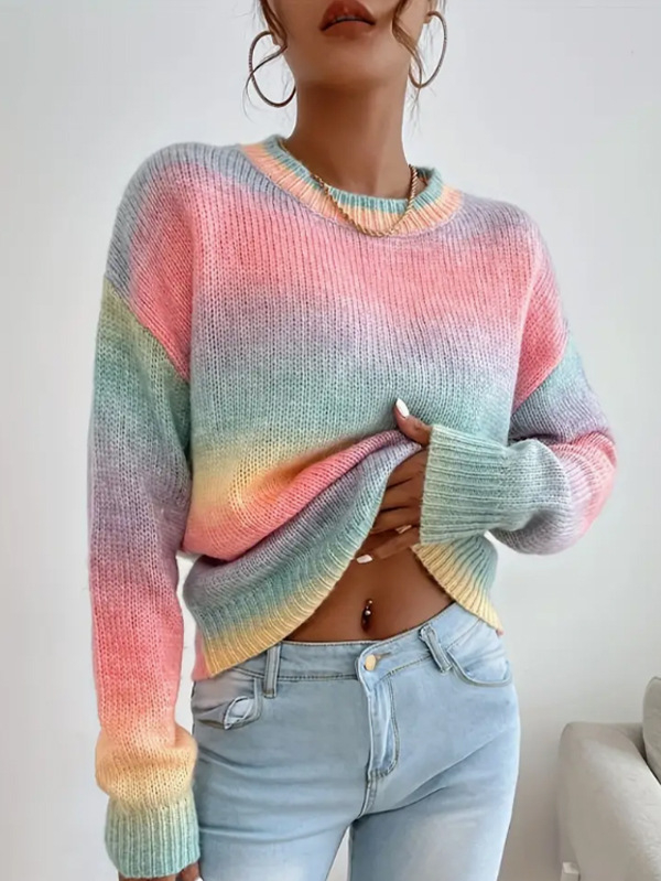 Európai és amerikai határokon átnyúló külkereskedelem női ruházat varrás kontrasztos kötött pulóver divatos pulóver kerek nyakú színátmenetes szivárványos csíkos felső