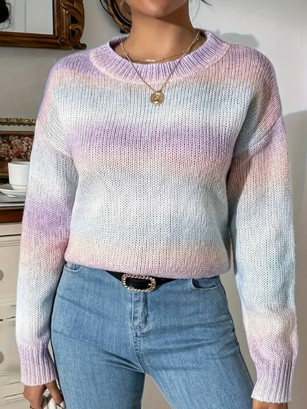 Európai és amerikai határokon átnyúló külkereskedelem női ruházat varrás kontrasztos kötött pulóver divatos pulóver kerek nyakú színátmenetes szivárványos csíkos felső