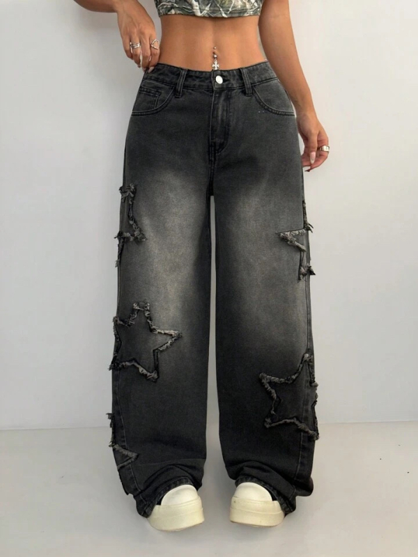 American High Street Pants Női Trendi Márkás Utcai Nadrág Ötágú Csillaggal Hímzett Rugalmas Derék Laza Egyenes Farmer Tavasz & Ősz