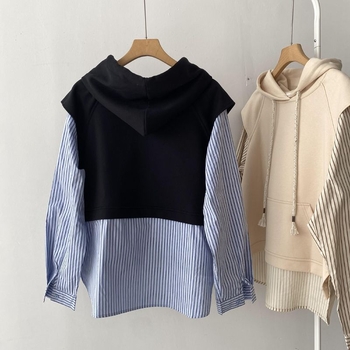 παχουλό κορίτσι extra large μέγεθος 300kg κορεάτικο design sense ψεύτικο πουλόβερ με δύο κουκούλες ριγέ πουκάμισο χαλαρό casual μπουφάν