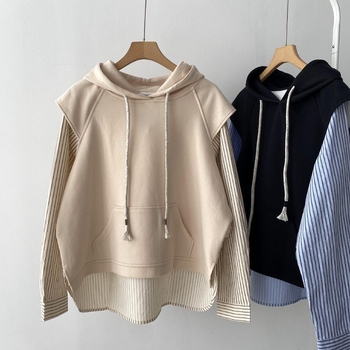 παχουλό κορίτσι extra large μέγεθος 300kg κορεάτικο design sense ψεύτικο πουλόβερ με δύο κουκούλες ριγέ πουκάμισο χαλαρό casual μπουφάν