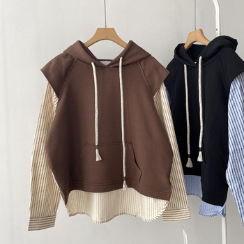 παχουλό κορίτσι extra large μέγεθος 300kg κορεάτικο design sense ψεύτικο πουλόβερ με δύο κουκούλες ριγέ πουκάμισο χαλαρό casual μπουφάν