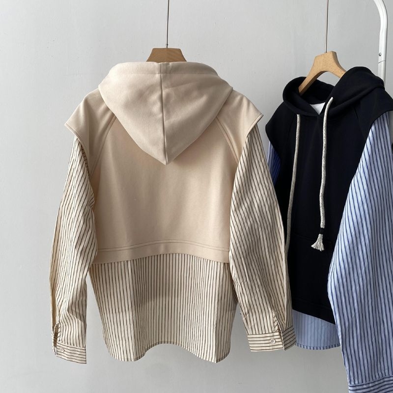 duci lány extra nagy méret 300kg koreai dizájn sense hamis két kapucnis pulóver csíkos ing laza lezser kabát