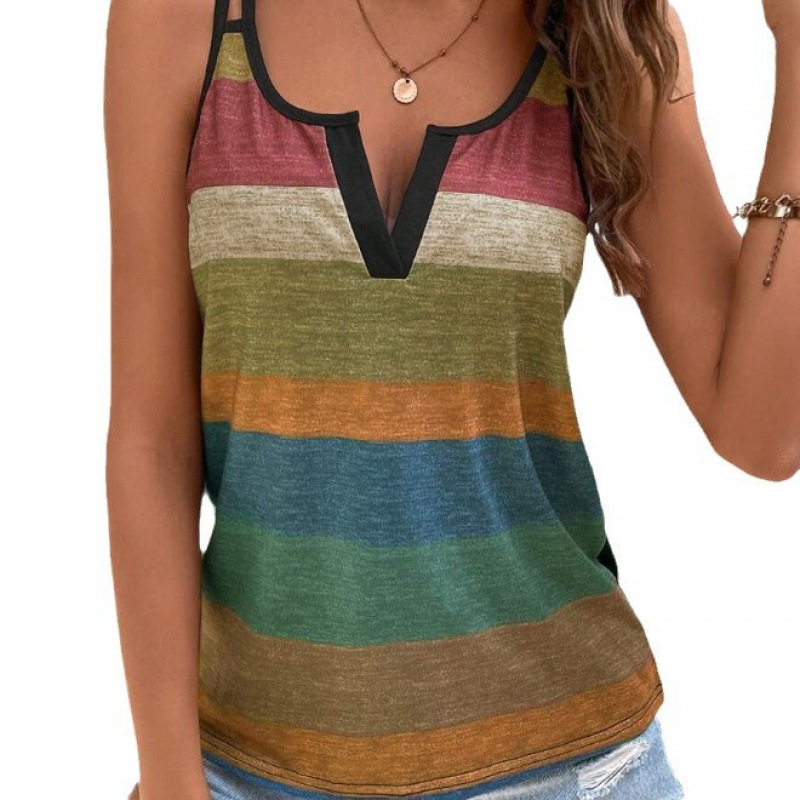 Határokon átnyúló Amazon európai és amerikai ruházati csíkos nyomtatású V-nyakú pulóver elegáns stílusú ujjatlan trikó karcsúsító szexi